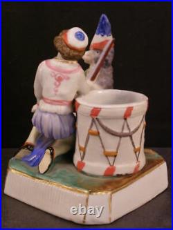 Early 1800's Circus Dog Porcelain Match Safe Holder Striker Figurine Statue Drum