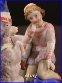 Early 1800's Circus Dog Porcelain Match Safe Holder Striker Figurine Statue Drum