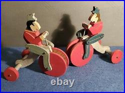 Folk Art Wood Toys Pair of Circus Monkeys Riding Tricycles Antique Painted