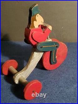 Folk Art Wood Toys Pair of Circus Monkeys Riding Tricycles Antique Painted