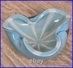 Gold Dusted 1950s Blue & White Circus Tent Art Glass Bowl Vintage Barbini