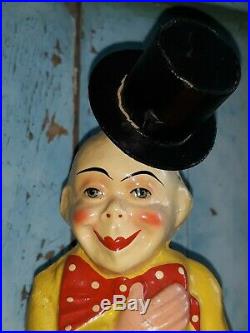 Great antique paper-maché clown, wind-up clockwork, functional, raises hat, circus