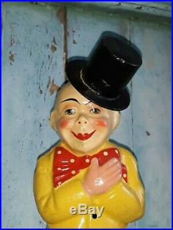 Great antique paper-maché clown, wind-up clockwork, functional, raises hat, circus