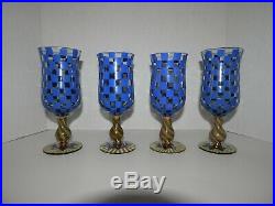 (LOT) Rare Retired Mackenzie-Childs BLUE CHECK CIRCUS Tall Water Goblets CLEAN
