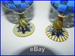 (LOT) Rare Retired Mackenzie-Childs BLUE CHECK CIRCUS Tall Water Goblets CLEAN