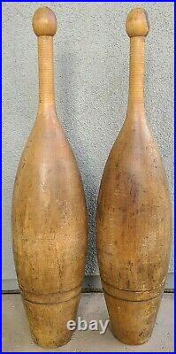 Large antique maple wooden Indian clubs circus strongman heavy bowling pins 27