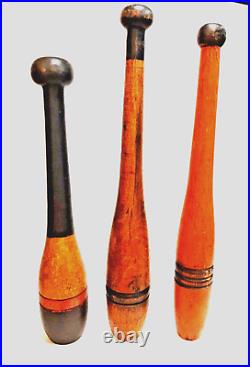 Lot of 3 Antique Wooden Juggling Pins Indian Clubs