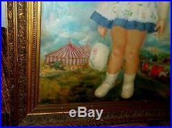 Lrg 37x48 Vintage 1963 Antonio Gantes Portrait Child Girl with Circus Oil Painting