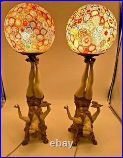 Majestic Pair Rare Art Deco Circus Entertainer Lamps withMurano Millefiori Globes