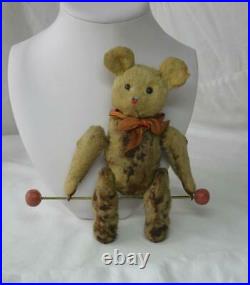 Mechanical Teddy Bear Flip Toy Antique Fully Jointed 6 c1930 Circus Trapeze Bar
