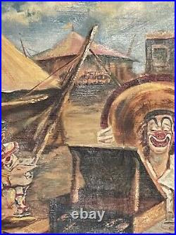 OLD ANTIQUE MODERN CIRCUS LANDSCAPE OIL PAINTING VINTAGE CLOWN CARNIVAL 1940s