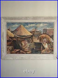 OLD ANTIQUE MODERN CIRCUS LANDSCAPE OIL PAINTING VINTAGE CLOWN CARNIVAL 1940s