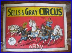 ORIGINAL EARLY 1900S CIRCUS POSTER VINTAGE ANTIQUE.'' Chariots, Sells & Gray'