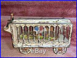 Orig Early American Antique Toy Animated Circus Animal Cage Wagon Hill Climber