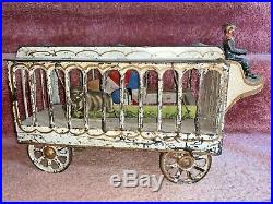 Orig Early American Antique Toy Animated Circus Animal Cage Wagon Hill Climber