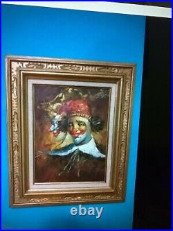 Original Vintage Oil Painting on Canvas Circus Clown Signed. Double Framed