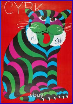 Original vintage Polish circus poster 1971 (sitting tiger) by Hilschner