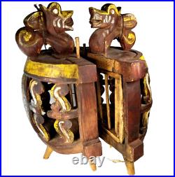 Pair of Chinese China Polychrome wood Miniature Dragon Carnival Circus Cages