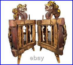 Pair of Chinese China Polychrome wood Miniature Dragon Carnival Circus Cages