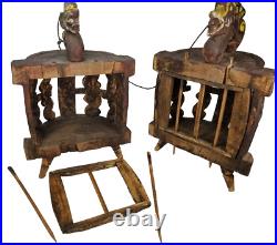 Pair of Chinese China Polychrome wood Miniature Dragon Carnival Circus Cages