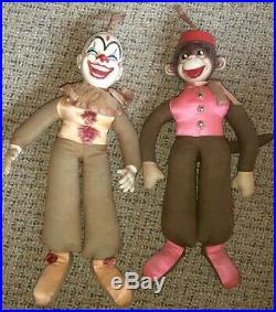 RARE Antique Set Composition Cloth Monkey & Clown Head Doll 16 Tall Circus