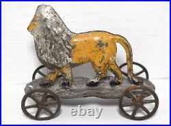 RARE Vintage Antique Early Circus Tin Lion Pull Toy on Platform Cart