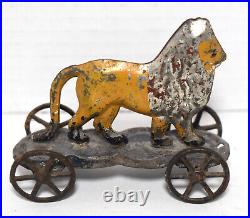 RARE Vintage Antique Early Circus Tin Lion Pull Toy on Platform Cart