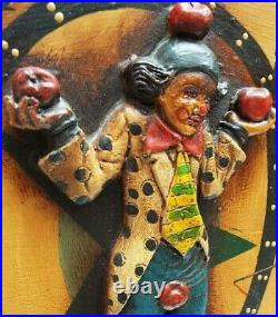 RARE Vintage CIRCUS THEME Wooden Wall Hanging w 2 Hand Painted Figures In Relief