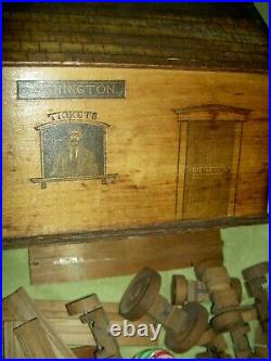 RARE antique wood, MILTON BRADLEY Railway Station & REINDEER Circus building toy