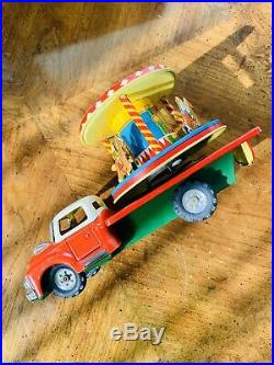 Rare 1955 Antique Tn Nomura Tin Toy Litho Clown Circus Truck Carousel Friction