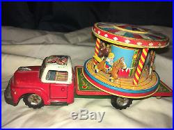 Rare Antique Tn Nomura Tin Toy Litho Clown Circus Truck Carousel Friction Drive