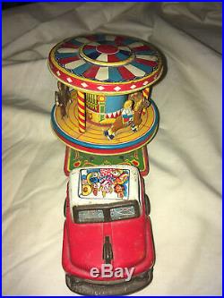 Rare Antique Tn Nomura Tin Toy Litho Clown Circus Truck Carousel Friction Drive