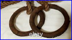 Rare Antique Vintage Circus Gymnastic Gymnist Gym Rings Cast Iron Leather Hemp