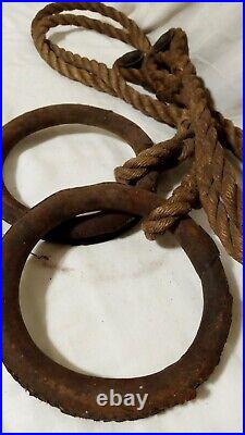 Rare Antique Vintage Circus Gymnastic Gymnist Gym Rings Cast Iron Leather Hemp