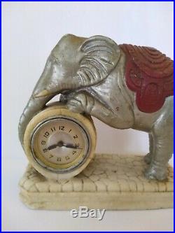 Rare Antique Vintage Marblesque Lux Circus Elephant Figural Shelf Mantle Clock