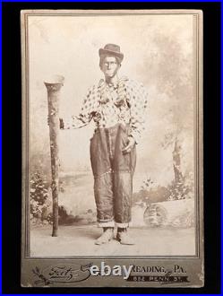 Rare Cabinet Photo Circus Clown Or Minstrel Holding A Massive Folk Art Horn