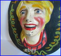 Rare Original Polychrome Circus Metal / Wood Carnival Face