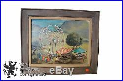 Realist Signed Circus Oil Painting Antique Landscape Carousel Ferris Wheel