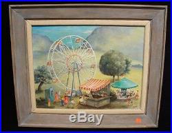 Realist Signed Circus Oil Painting Antique Landscape Carousel Ferris Wheel