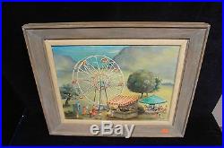 Realist Signed Circus Oil Painting Antique Landscape Carousel Ferris Wheel