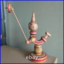 Retro Kokeshi Circus Wooden Doll Antique Inlaid Stand Height 37 5 cm