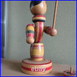 Retro Kokeshi Circus Wooden Doll Antique Inlaid Stand Height 37 5 cm