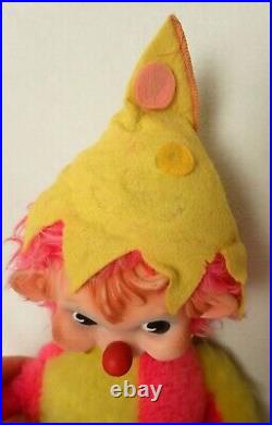 Rushton Rubber Vinyl Elf Face Clown Doll Carnival Circus Pink Hair Yellow Plush