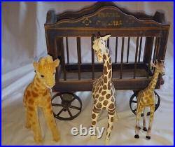 SET Antique Royal Circus Cage Wagon 14in + Vintage Steiff Giraffe + 2 Giraffes