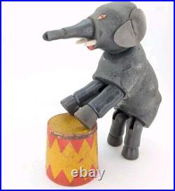 Schoenhut Jointed Circus Elephant Red Tub Stand Antique Wooden Toy