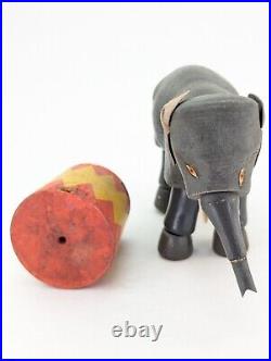 Schoenhut Jointed Circus Elephant Red Tub Stand Antique Wooden Toy