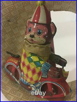 Skylark Circus Monkey Riding Motorcycle Windup Tin Toy Japan 1950s