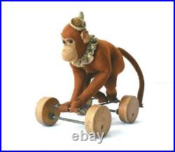 Steiff Antique 1913 Circus Monkey On Wheels Pull Toy Prewar Rare No String