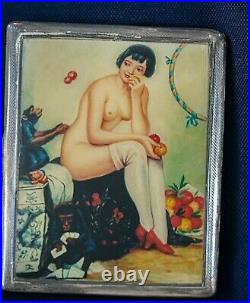 Stirling Silver Enamelled Cigarette case /Card Case 1949-1950 nude circus girl