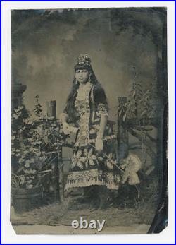 TINTYPE CIRCUS PERFORMER With CARD & WHIP IN A VERY ELABORATE OUTFIT, 6.5 X 4.375